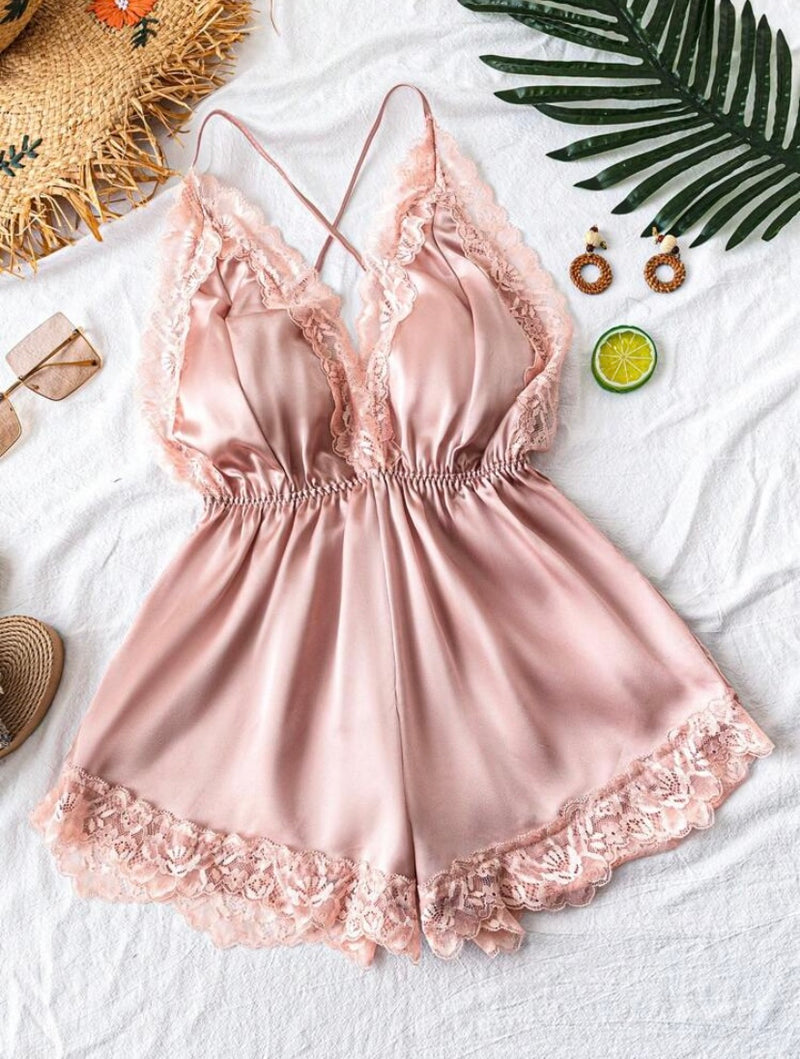 SilkySpell – Macacão Regata Feminino com Renda Contrastante