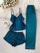Conjunto de pijama de 3 peças – Seda sintética com toque macio e delicado
