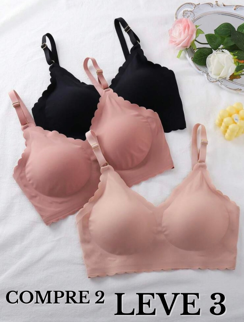 Kit 3 peças de sutiã confortável sem costura com borda ondulada e copa removível