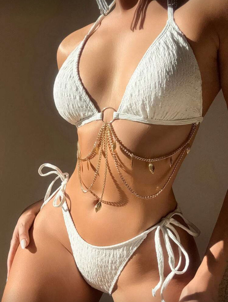 Conjunto de Maiô Bikini de 2 Peças – Alça Amarrada e Cor Sólida