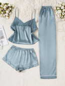 Conjunto de pijama de 3 peças – Seda sintética com toque macio e delicado