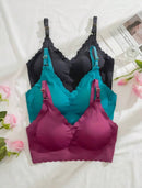 Kit 3 peças de sutiã confortável sem costura com borda ondulada e copa removível