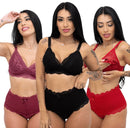 Kit com 3 Conjuntos de Amamentação – Sutiã e Calcinha Pós-Parto