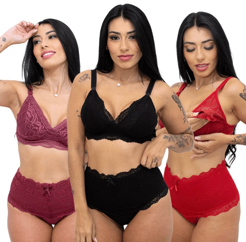 Kit com 3 Conjuntos de Amamentação – Sutiã e Calcinha Pós-Parto