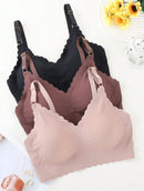 Kit 3 peças de sutiã confortável sem costura com borda ondulada e copa removível