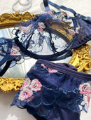 Conjunto de lingerie sexy e transparente com bordado floral