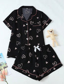 Conjunto de Pijama Feminino com Estampa de Coração – Camisa de Manga Curta + Shorts