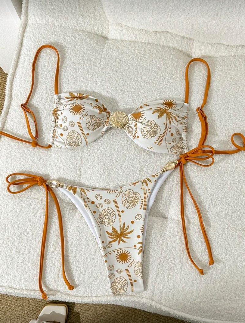 đź‘™ Swim Mod Conjunto de BiquĂni Feminino para VerĂŁo – Top Sem Alças com Enfeite e Bottom Amarrado nas Laterais