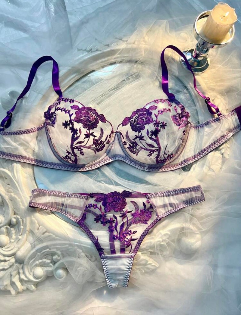 Conjunto de Lingerie Sexy 2 Peças – Floral Roxo Plus Size