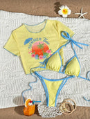 👙 Swim Mod Conjunto de Maiô Bikini 2025 – Top Triângulo Estampado com Painel de Malha