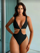 👙 Swim Vcay Maiô de Uma Peça – Detalhe de Corrente e Estilo Elegante de Verão