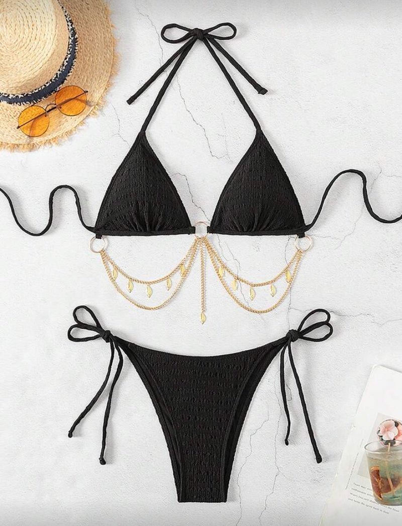 Conjunto de Maiô Bikini de 2 Peças – Alça Amarrada e Cor Sólida