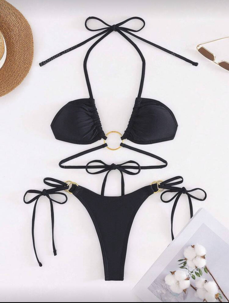 👙 Conjunto de Biquíni Feminino de 2 Peças – Detalhes Dourados e Tiras Ajustáveis para um Verão de Luxo