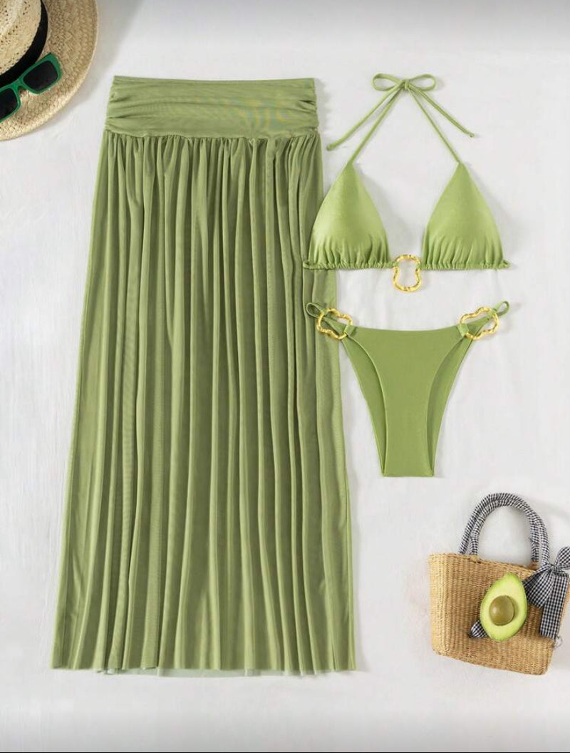 👙 Bonvoyette Conjunto de 3 Peças – Bikini Sexy com Vestido Longo de Praia