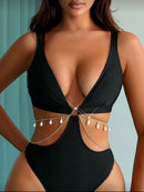 👙 Swim Vcay Maiô de Uma Peça – Detalhe de Corrente e Estilo Elegante de Verão