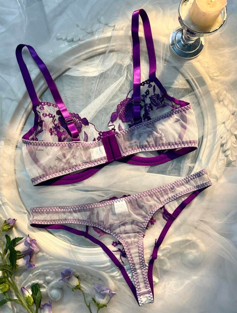 Conjunto de Lingerie Sexy 2 Peças – Floral Roxo Plus Size