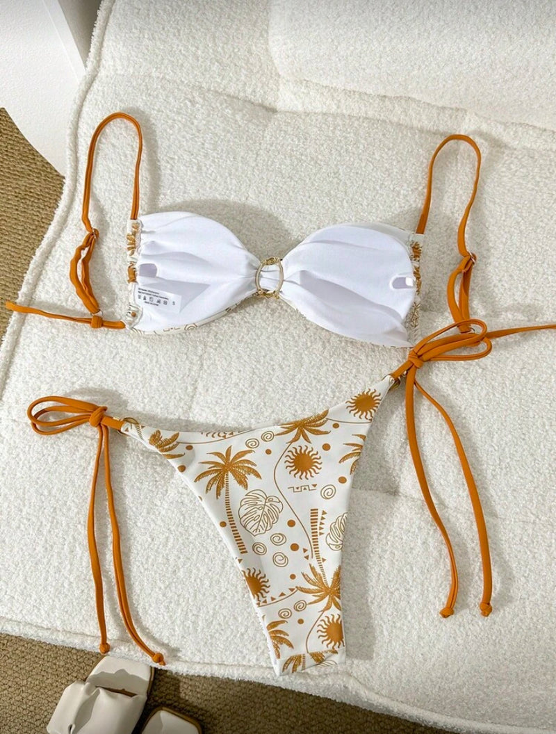 👙 Swim Mod Conjunto de Biquíni Feminino para Verão – Top Sem Alças com Enfeite e Bottom Amarrado nas Laterais