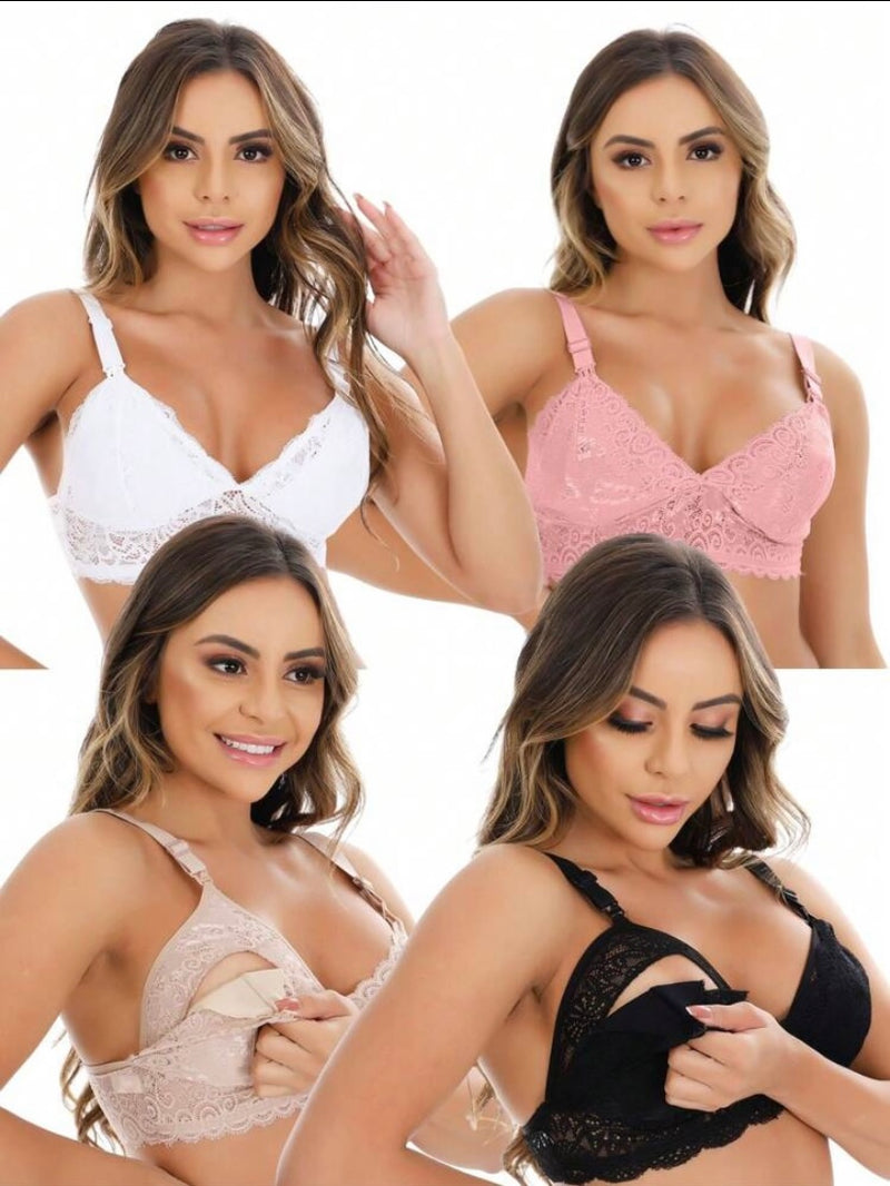 Kit com 4 Sutiãs de Amamentação em Renda Reforçado – Gestante e Pós-Parto