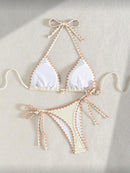 👙 Swim Mod Conjunto de Biquíni Feminino – Top Decorado com Conchas, Alça Halter e Amarração Lateral