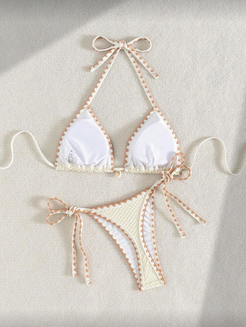 👙 Swim Mod Conjunto de Biquíni Feminino – Top Decorado com Conchas, Alça Halter e Amarração Lateral