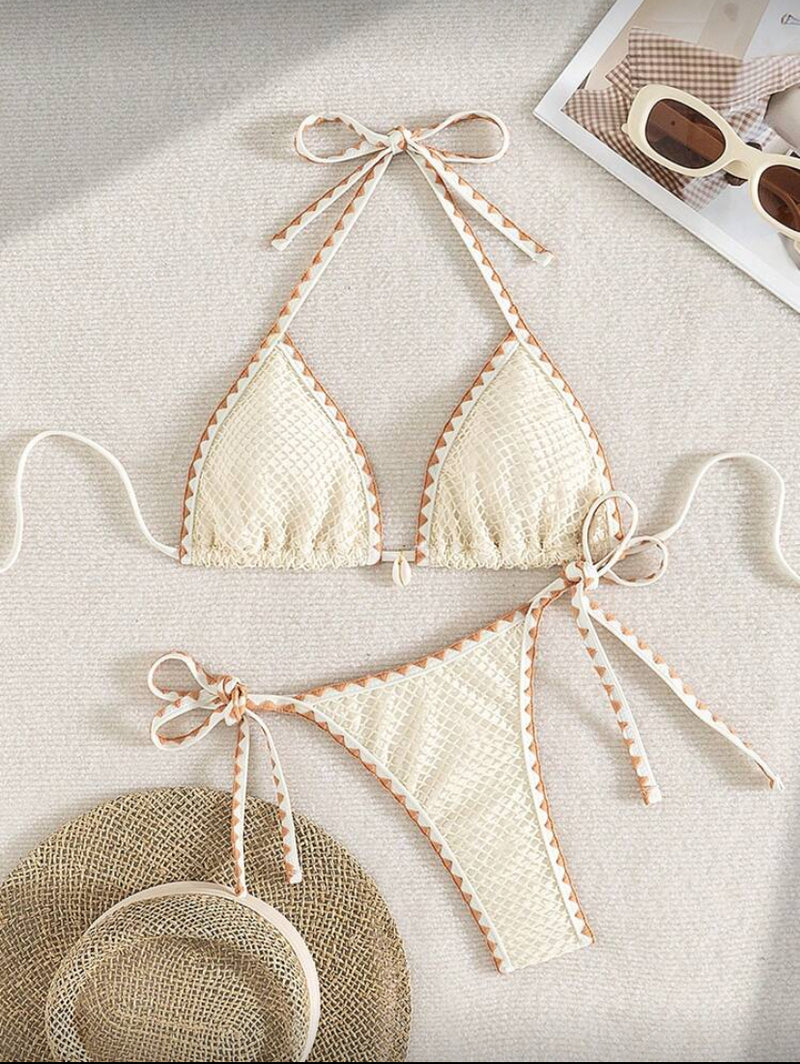 👙 Swim Mod Conjunto de Biquíni Feminino – Top Decorado com Conchas, Alça Halter e Amarração Lateral