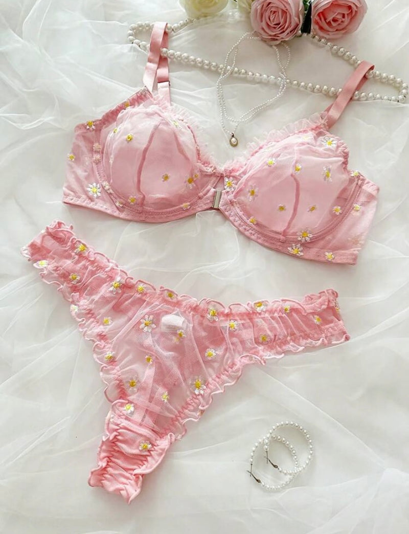 Conjunto de lingerie sexy com suporte e bordado