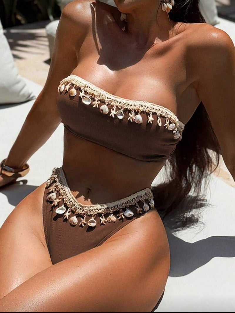 👙 Swim SXY Conjunto de Maiô Bikini – Estampa de Conchas e Textura Canelada