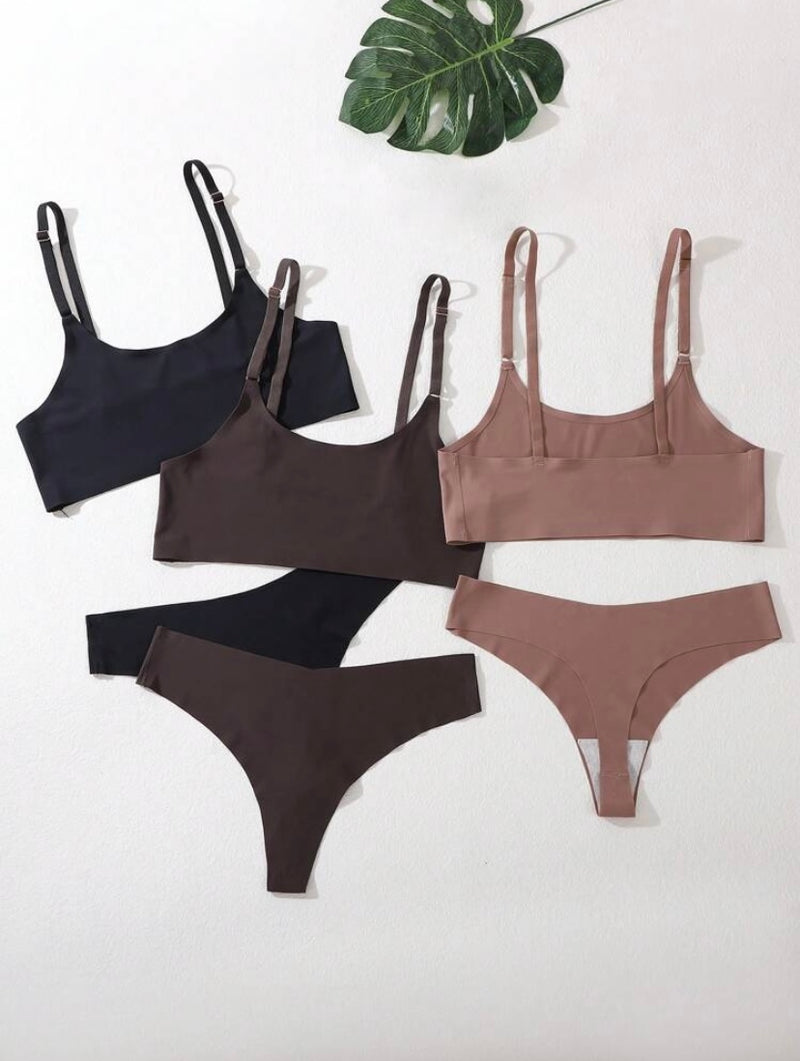 Kit com 3 Conjuntos de Lingerie Sem Fio Sólida