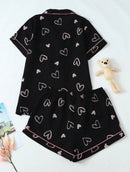 Conjunto de Pijama Feminino com Estampa de Coração – Camisa de Manga Curta + Shorts