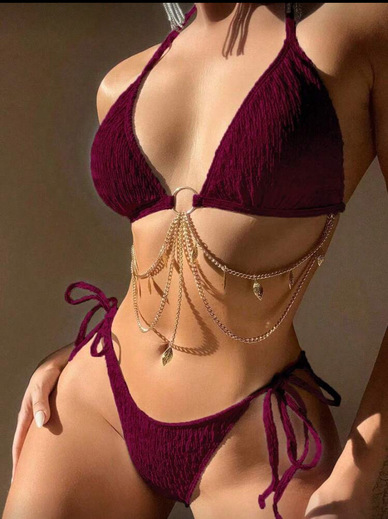 Conjunto de Maiô Bikini de 2 Peças – Alça Amarrada e Cor Sólida