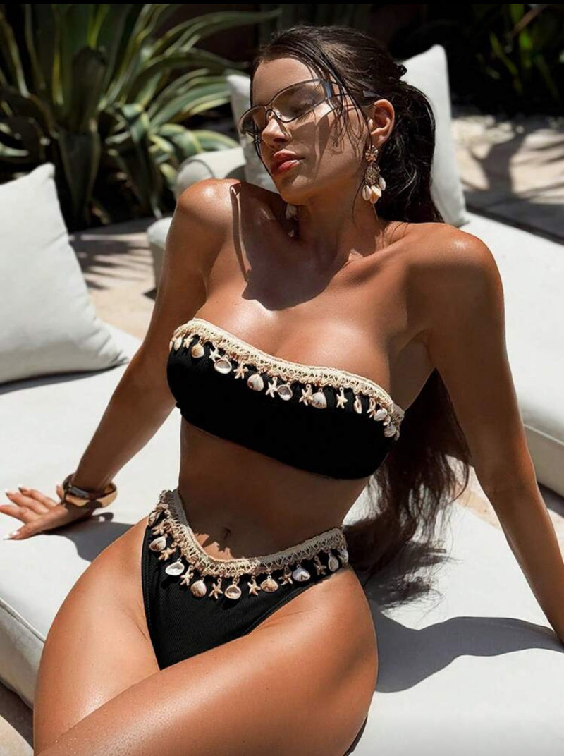 👙 Swim SXY Conjunto de Maiô Bikini – Estampa de Conchas e Textura Canelada
