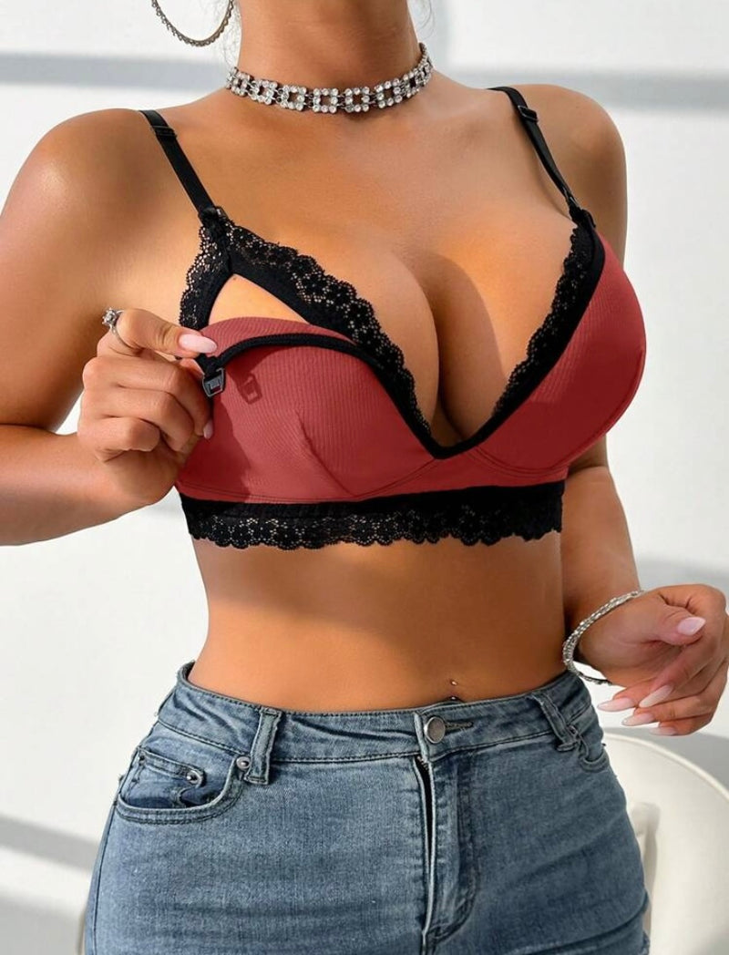 Sutiã de amamentação sexy canelado com renda bicolor