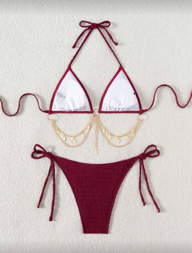 Conjunto de Maiô Bikini de 2 Peças – Alça Amarrada e Cor Sólida