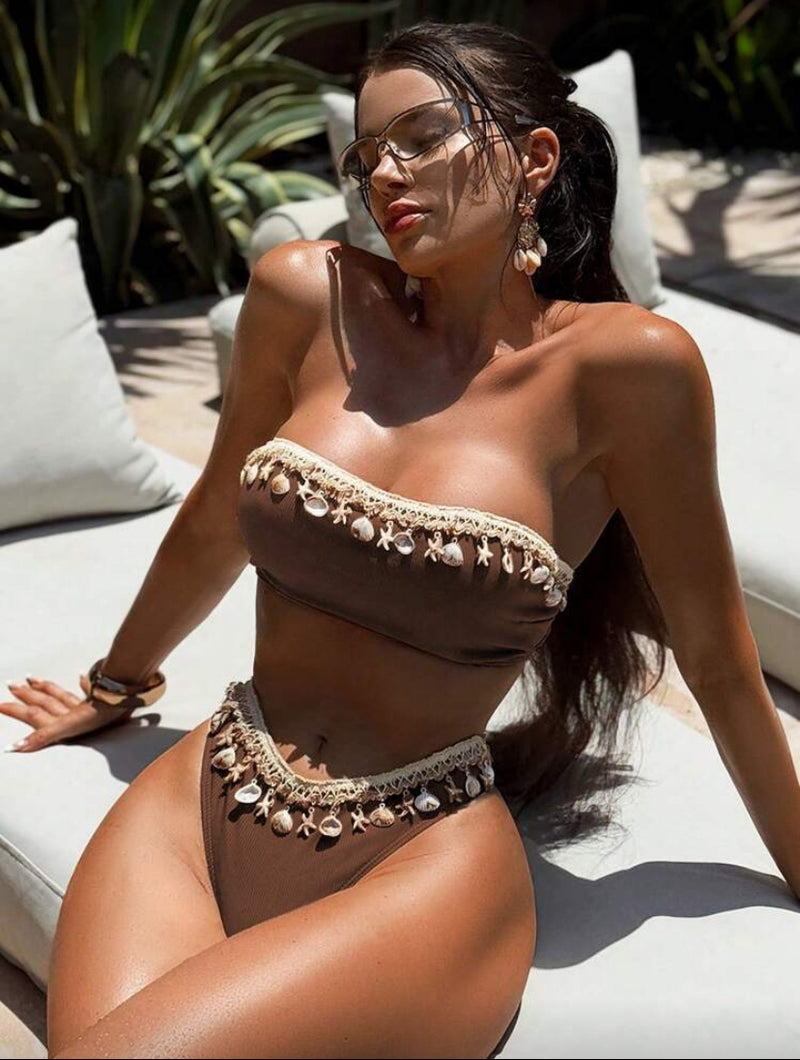 👙 Swim SXY Conjunto de Maiô Bikini – Estampa de Conchas e Textura Canelada