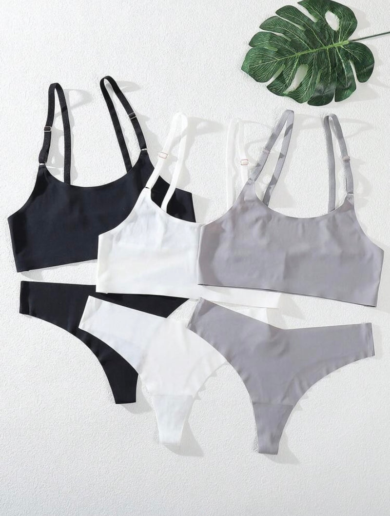 Kit com 3 Conjuntos de Lingerie Sem Fio Sólida