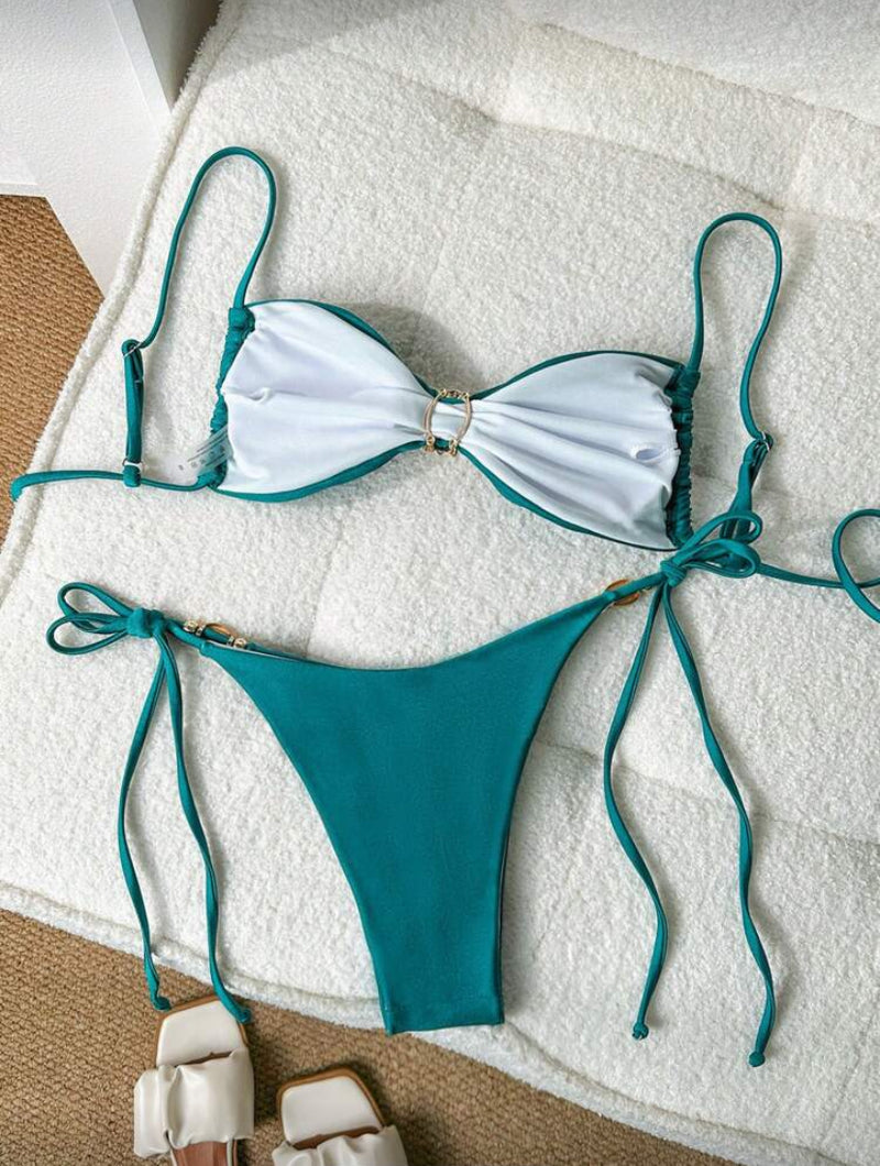 👙 Swim Chiccia Conjunto de Biquíni Feminino de Verão – Top Sem Alça com Decoração de Concha e Bottom Amarrado