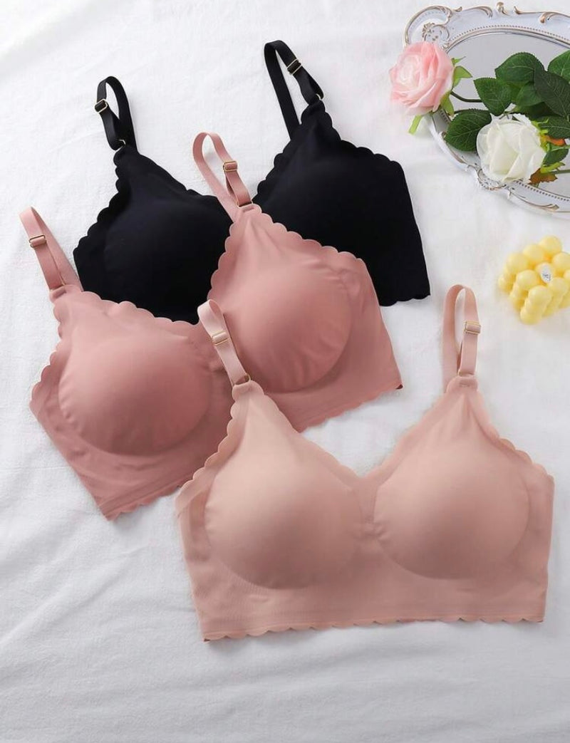 Kit 3 peças de sutiã confortável sem costura com borda ondulada e copa removível