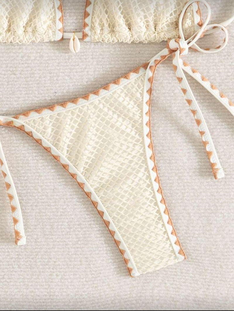 👙 Swim Mod Conjunto de Biquíni Feminino – Top Decorado com Conchas, Alça Halter e Amarração Lateral