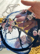 Conjunto de lingerie sexy e transparente com bordado floral