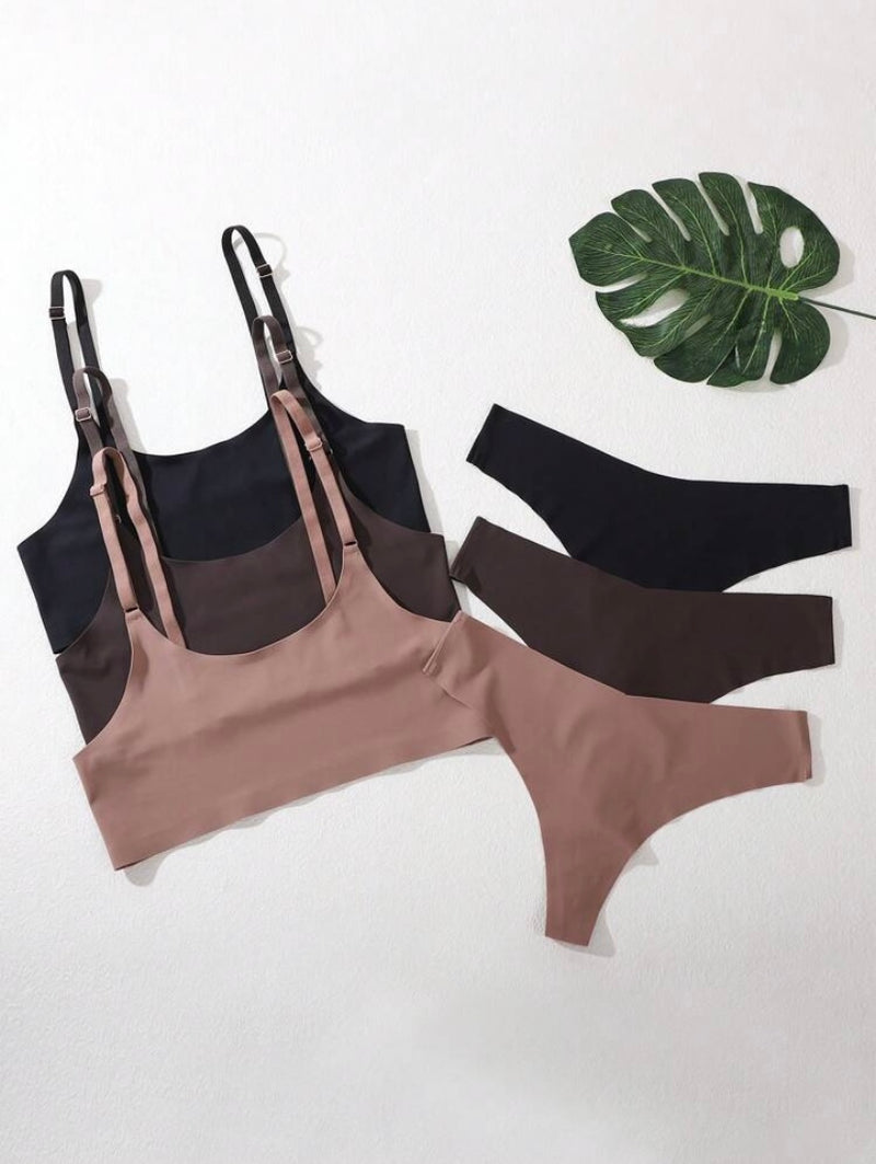 Kit com 3 Conjuntos de Lingerie Sem Fio Sólida