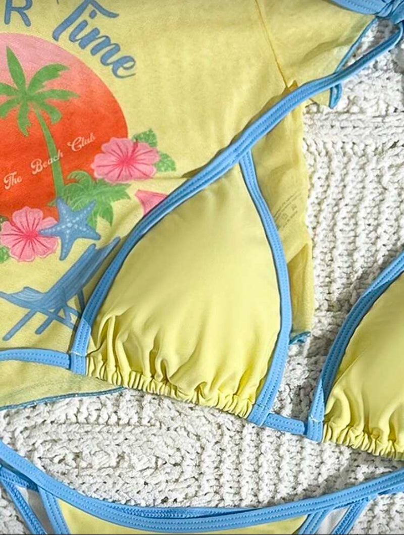 👙 Swim Mod Conjunto de Maiô Bikini 2025 – Top Triângulo Estampado com Painel de Malha