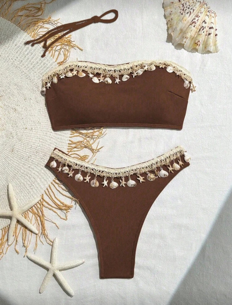 👙 Swim SXY Conjunto de Maiô Bikini – Estampa de Conchas e Textura Canelada