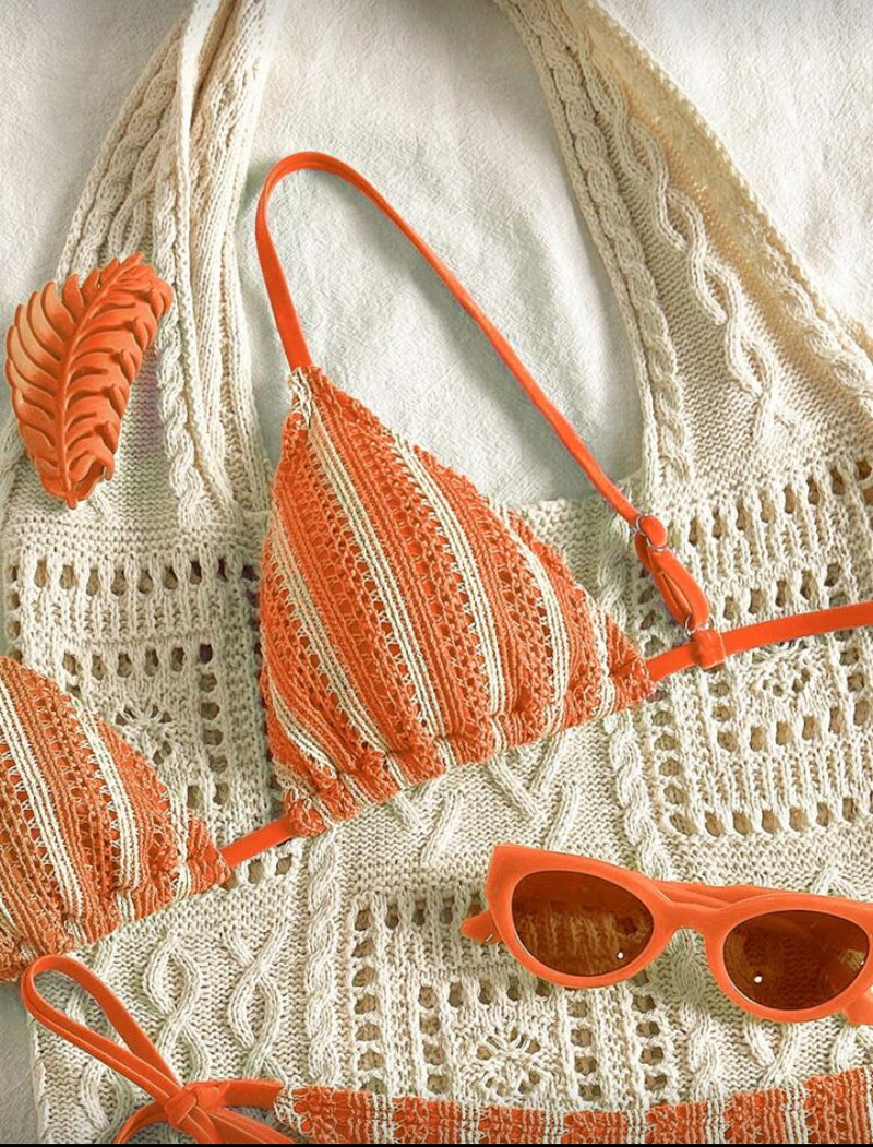 👙 Swim Mod Conjunto de 2 Peças – Amarração Frontal e Listras Texturizadas