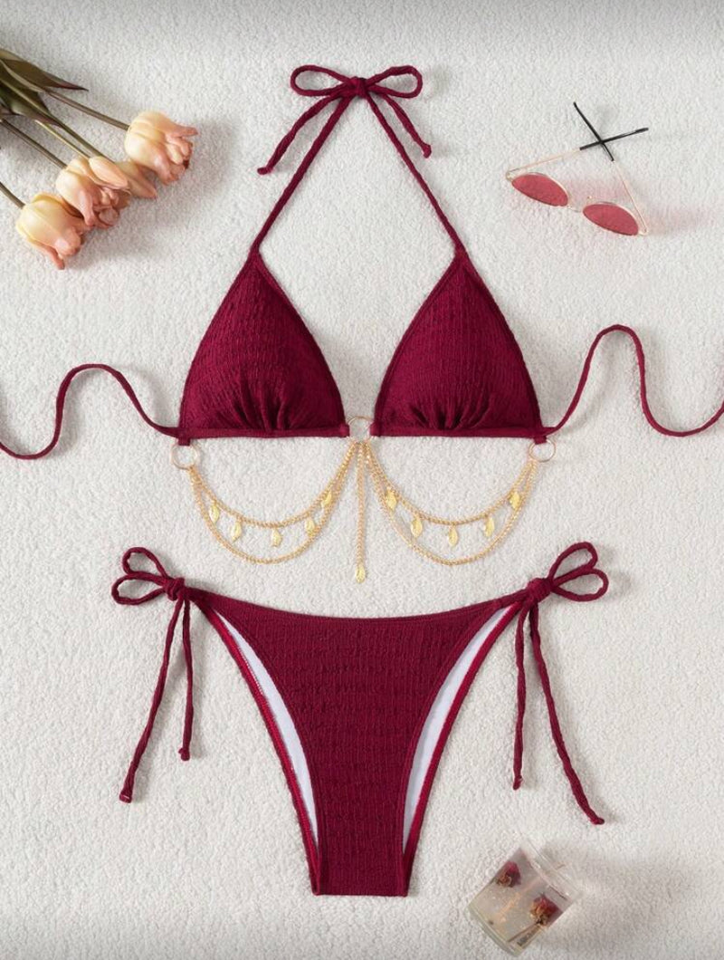 Conjunto de Maiô Bikini de 2 Peças – Alça Amarrada e Cor Sólida