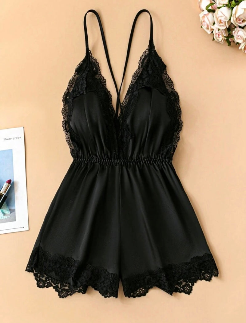 SilkySpell – Macacão Regata Feminino com Renda Contrastante