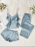 Conjunto de pijama de 3 peças – Seda sintética com toque macio e delicado