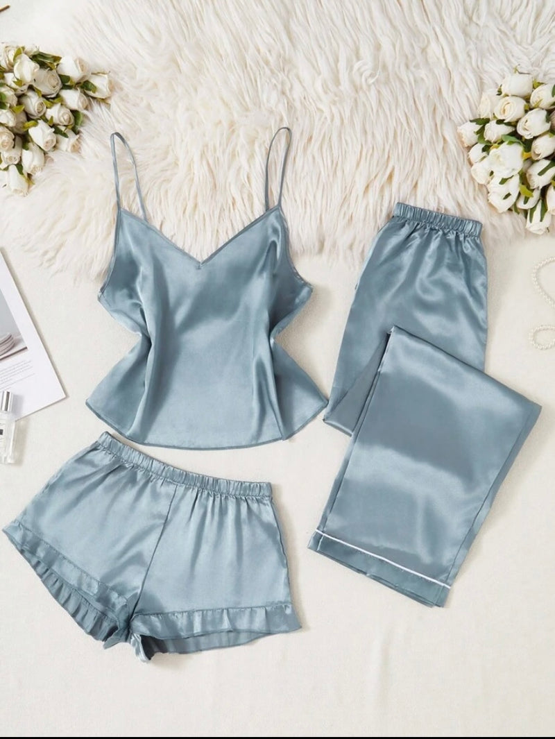 Conjunto de pijama de 3 peças – Seda sintética com toque macio e delicado