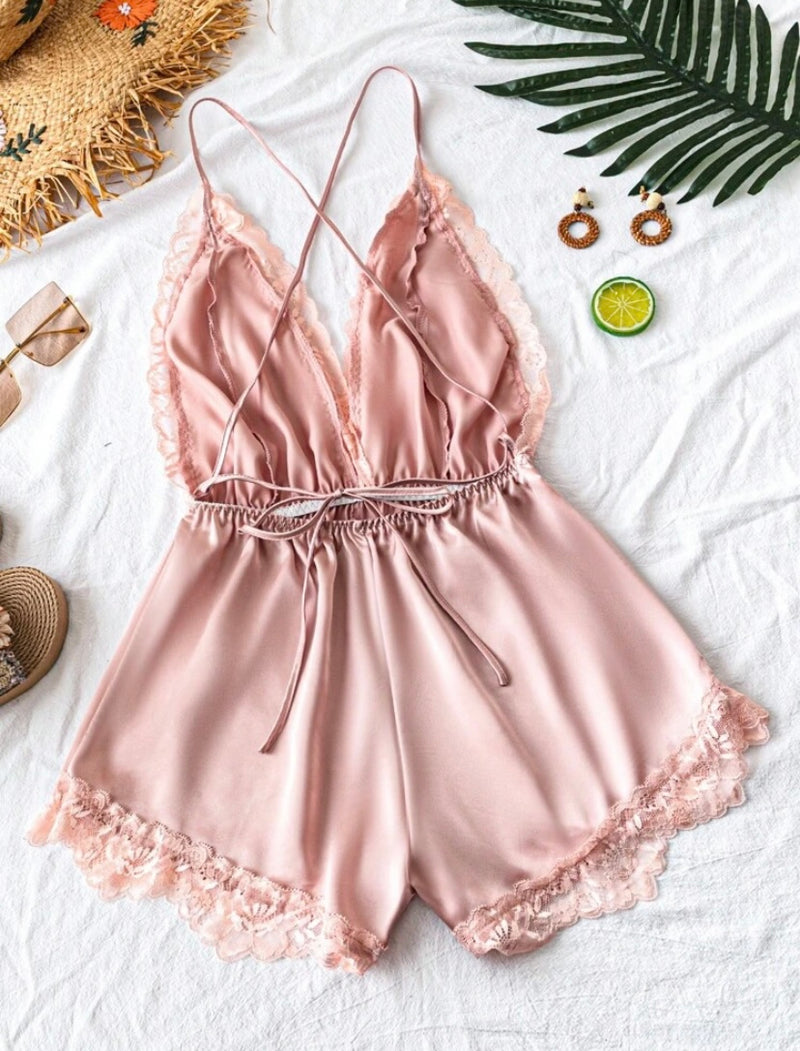 SilkySpell – Macacão Regata Feminino com Renda Contrastante