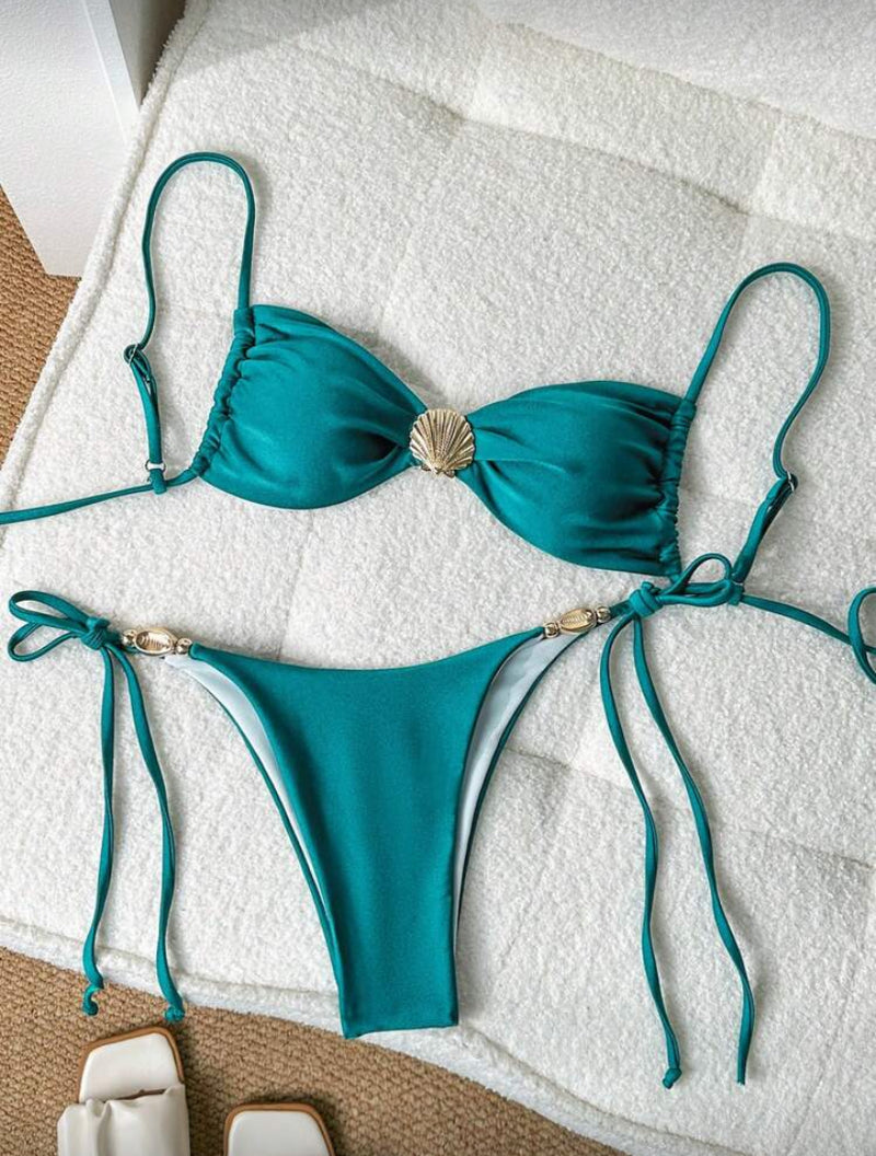 👙 Swim Chiccia Conjunto de Biquíni Feminino de Verão – Top Sem Alça com Decoração de Concha e Bottom Amarrado