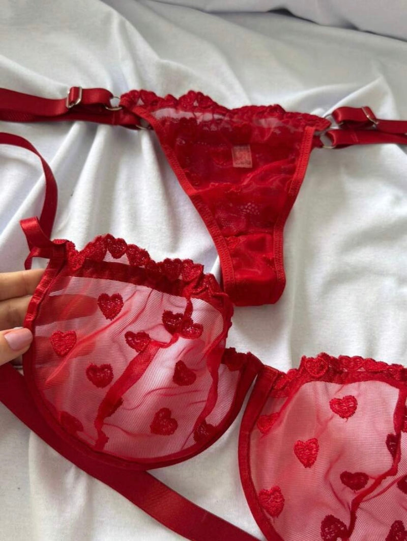 Conjunto de Lingerie Moda Íntima Gringa – Tule Bordado com Corações